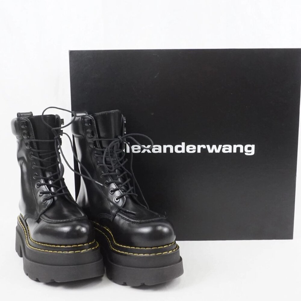 Alexander Wang Atlas Leather Lace-Up Platform Combat Rugged Boots in Black - Picture 2 of 16